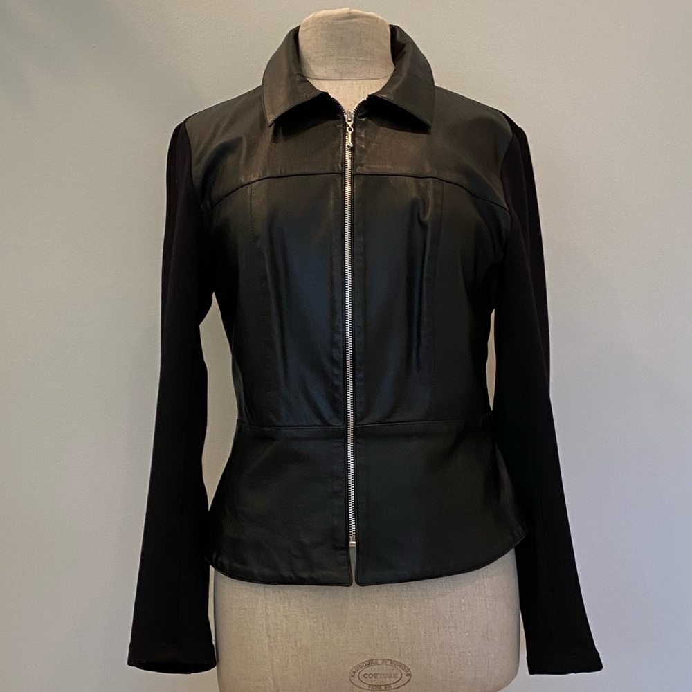 Isabel Black Genuine Leather & Knit Sweater Jacket/ Full Zipper / Size M